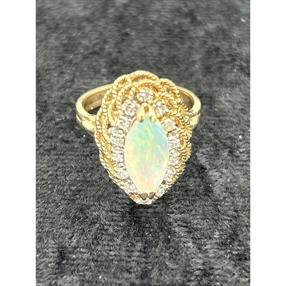 Antique Victorian 14K Gold Natural Australian Opal 14 Round Diamonds Halo Ring